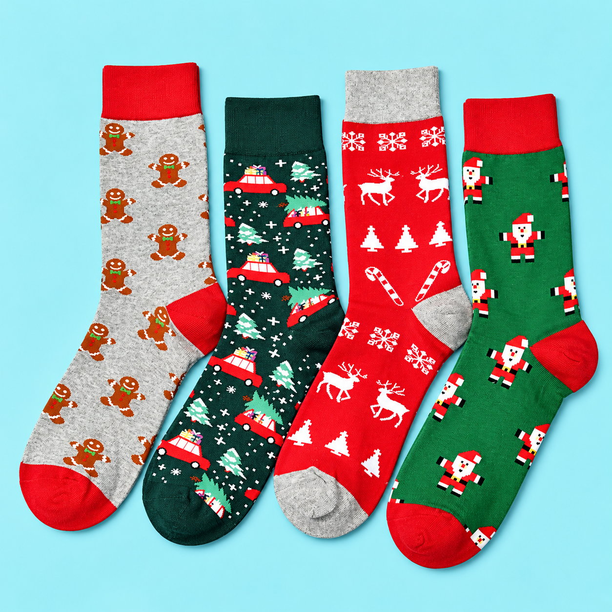 4 Pairs Christmas Printed Crew Socks For Men