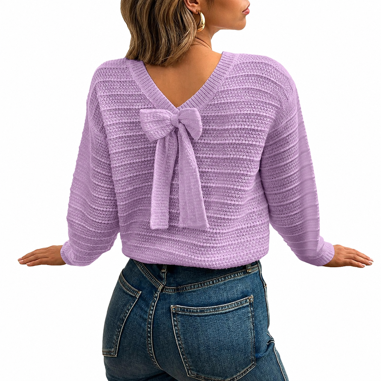 Back Bow Detail Knit Pullover Sweater with Classic Casual Styling for Women