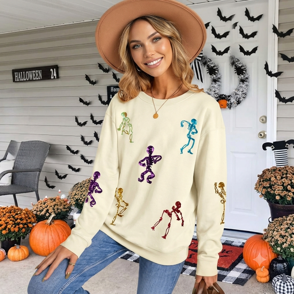 Halloween Graphic Long Sleeve Pullover Sweatshirt for Women