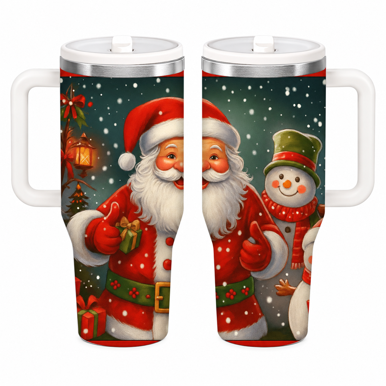 40oz Vintage Santa Snowman Printed Christmas Tumbler With Handle And Straw