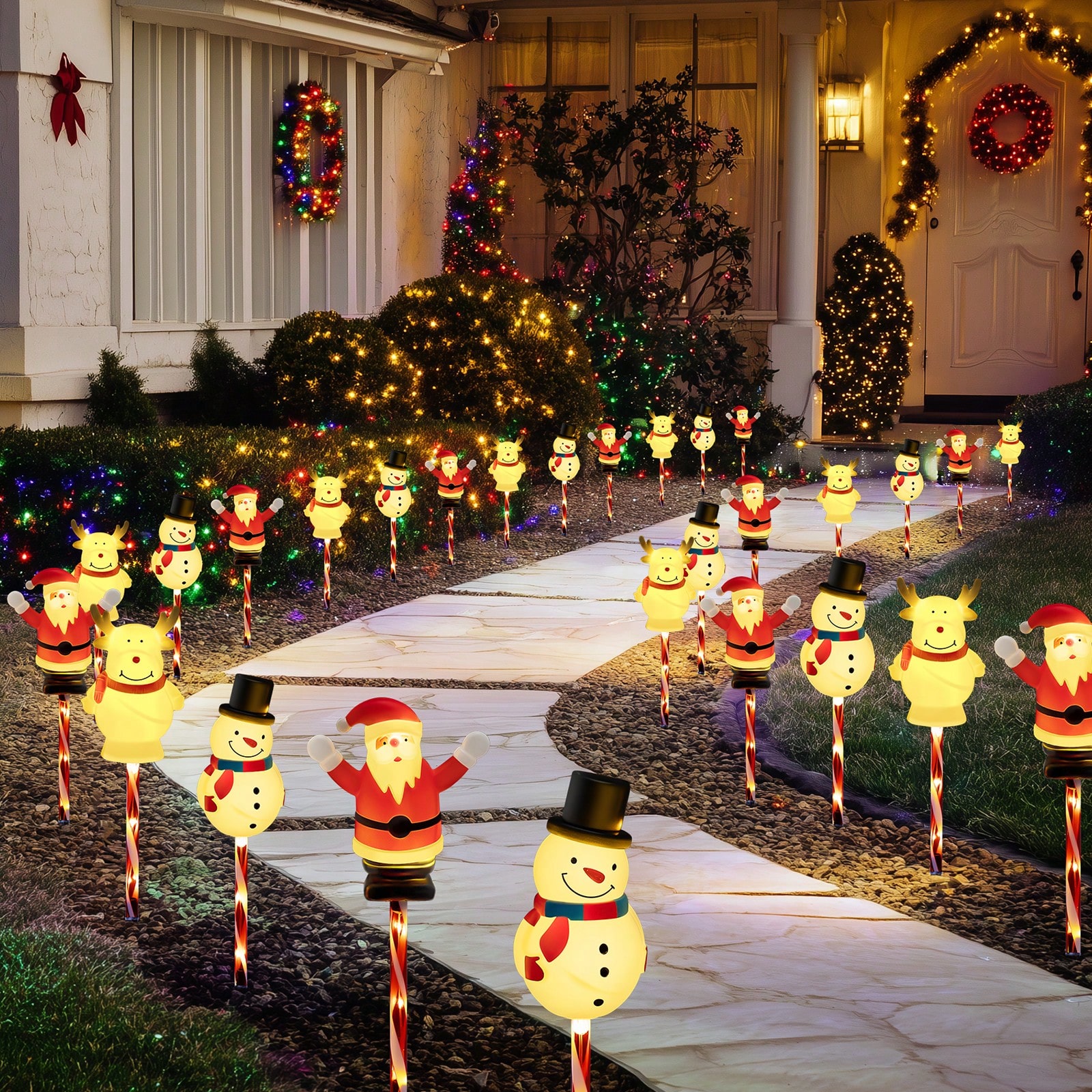 Solar Snowman Reindeer Santa Garden Stake Lights For Christmas