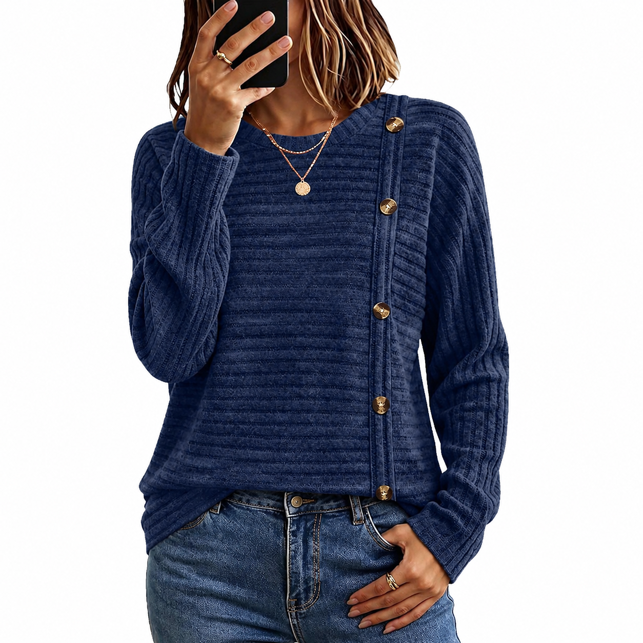 Ribbed Button Detail Knit Pullover Sweater for Women