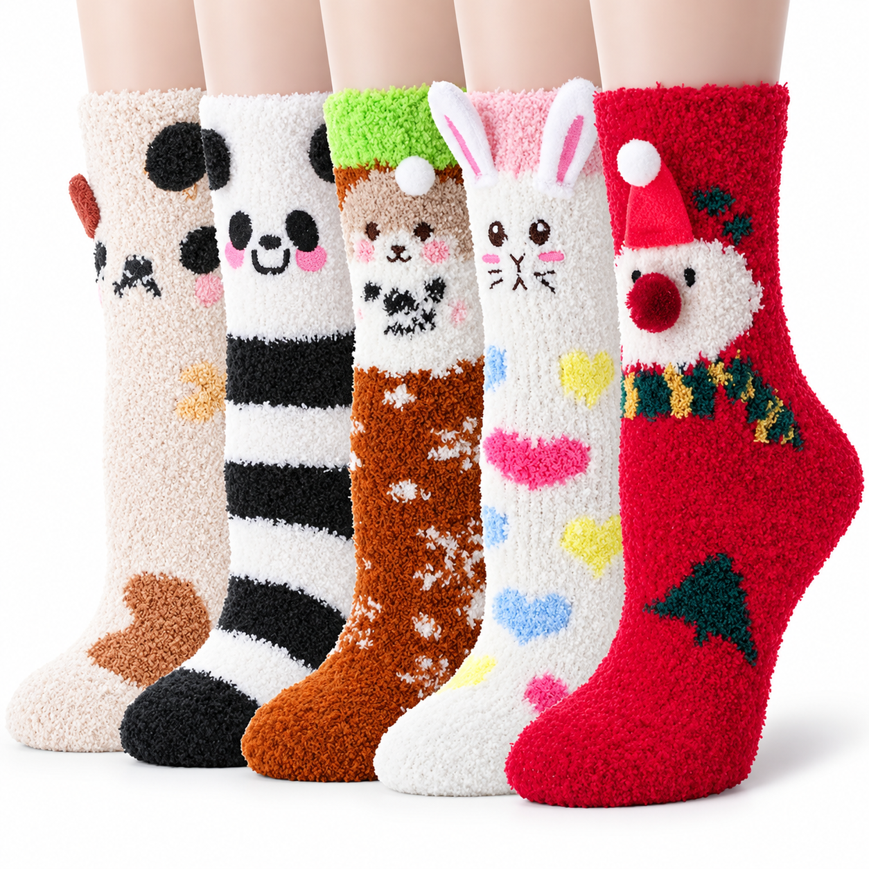 5 Pairs Christmas Fuzzy Slipper Socks For Women