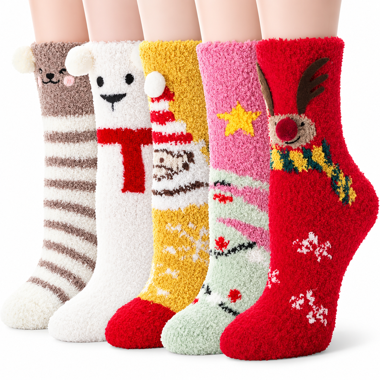 5 Pairs Christmas Fuzzy Slipper Socks For Women