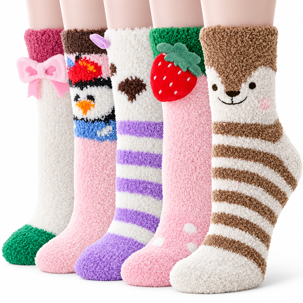 5 Pairs Christmas Fuzzy Slipper Socks For Women
