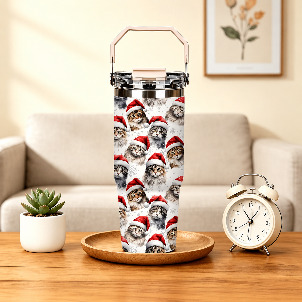 30oz Printed Christmas Tumbler With Foldable Handle With Flip Lid
