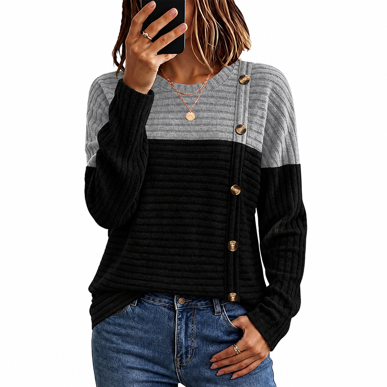 Ribbed Button Detail Knit Pullover Sweater for Women