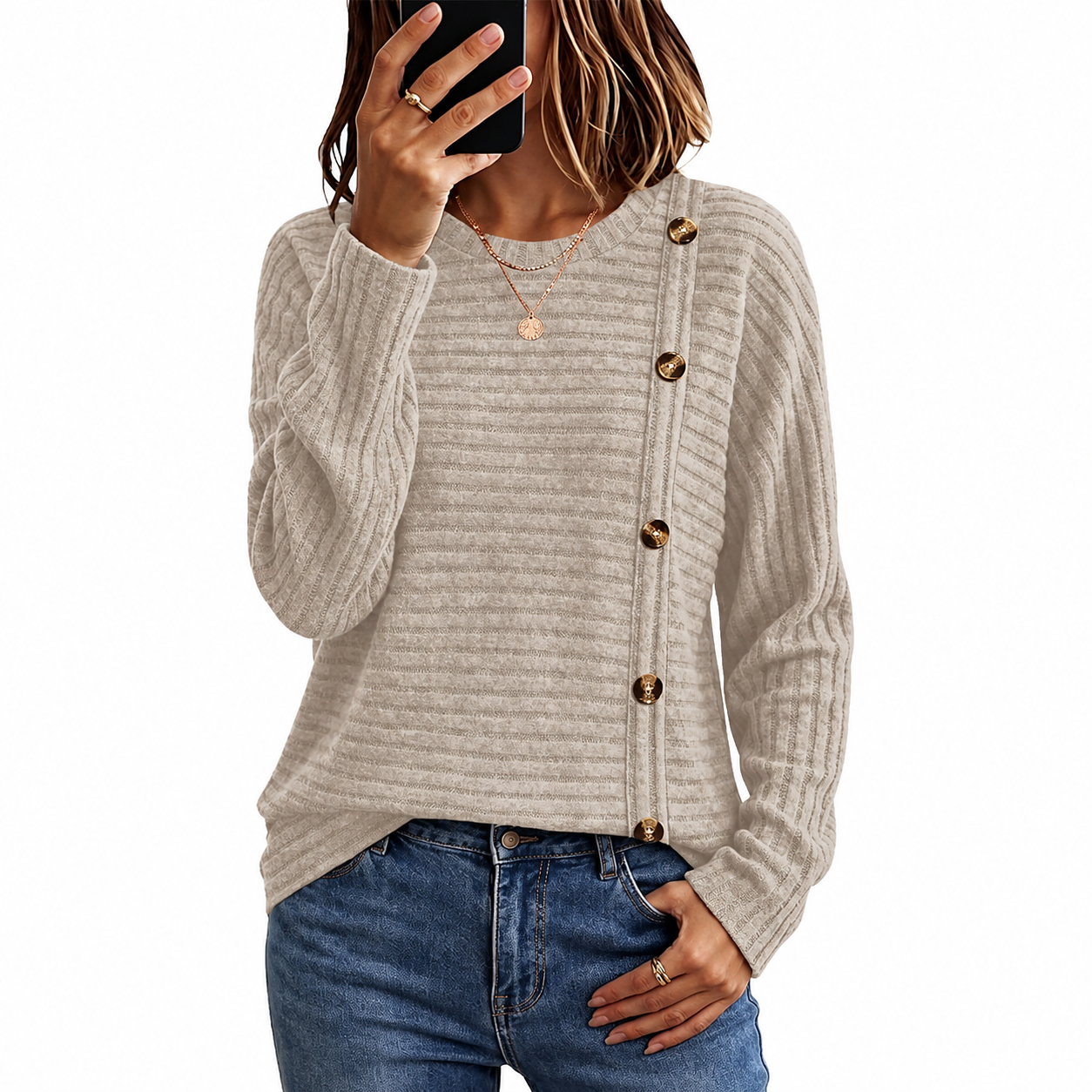 Ribbed Button Detail Knit Pullover Sweater for Women