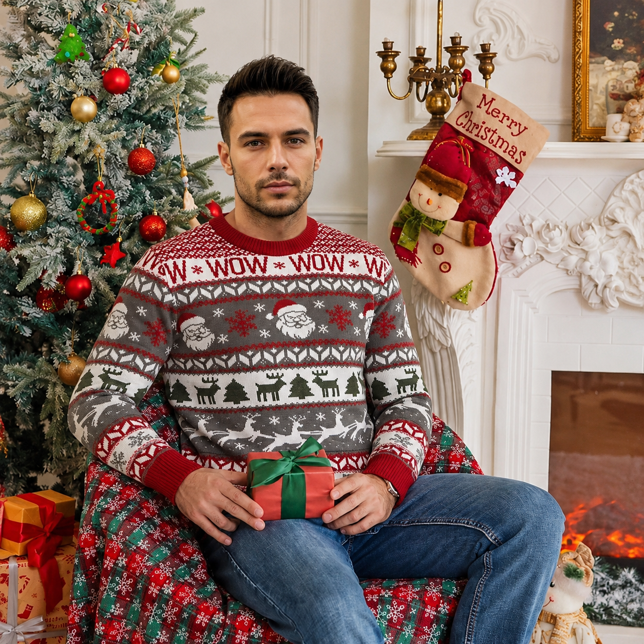Festive Snowflake and Tree Knit Christmas Pullover Sweater for Men