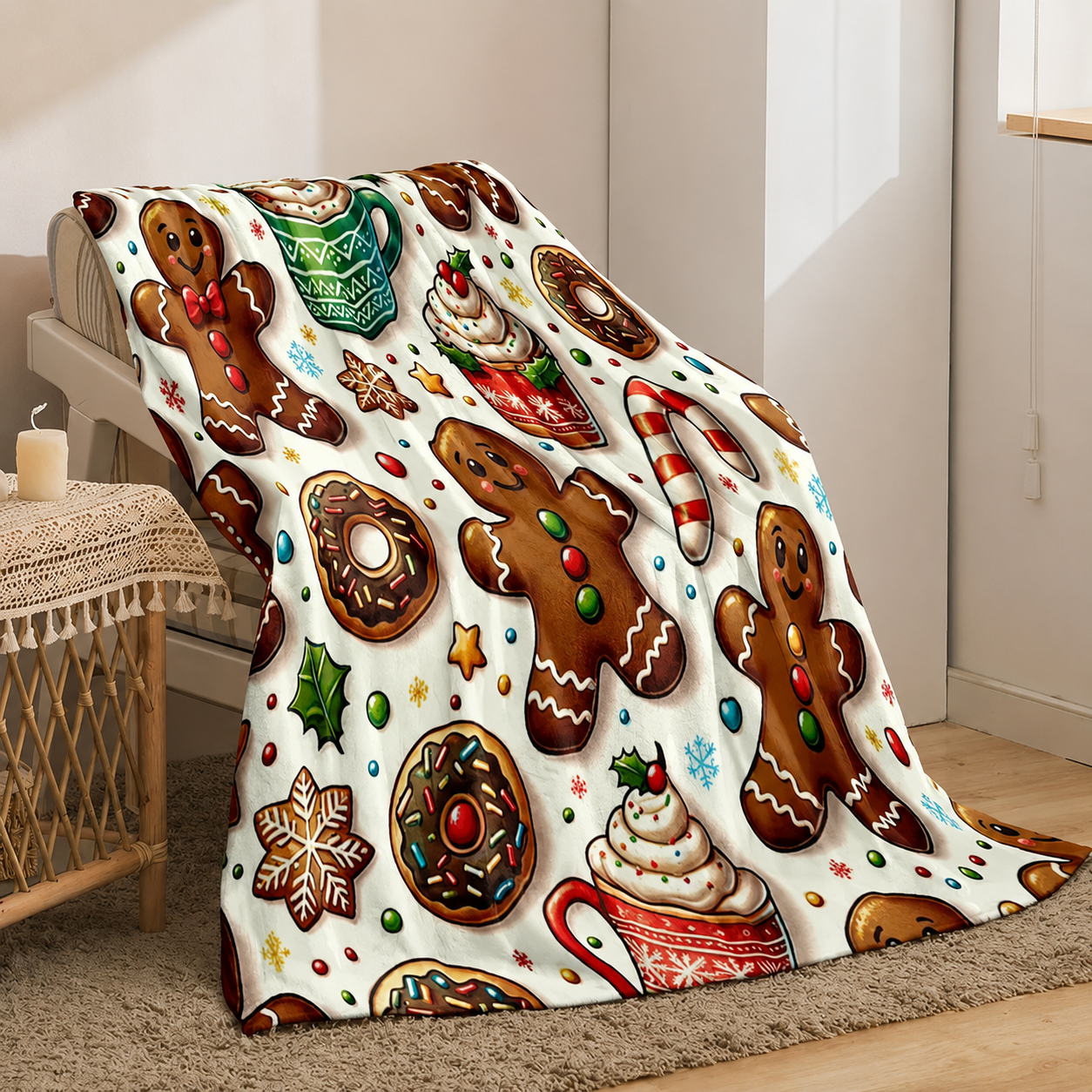 Gingerbread Print Christmas Throw Blanket For Sofa Couch Bedroom And Dorm