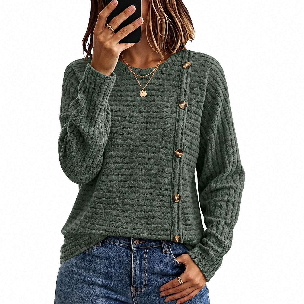 Ribbed Button Detail Knit Pullover Sweater for Women
