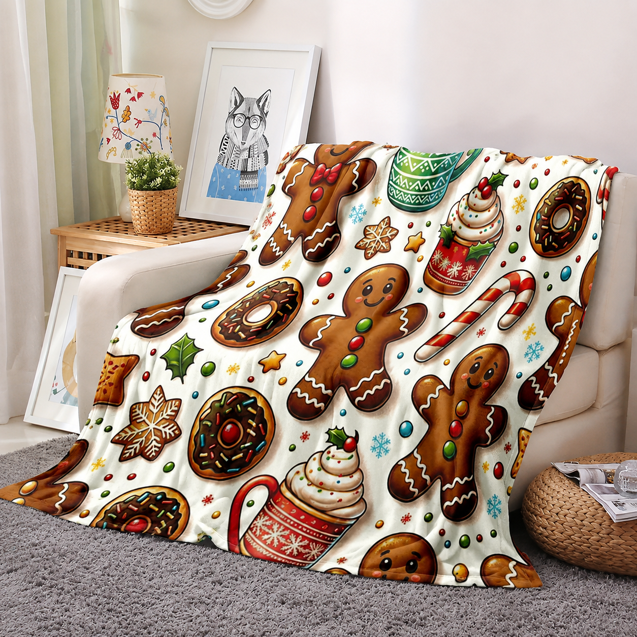 Gingerbread Print Christmas Throw Blanket For Sofa Couch Bedroom And Dorm