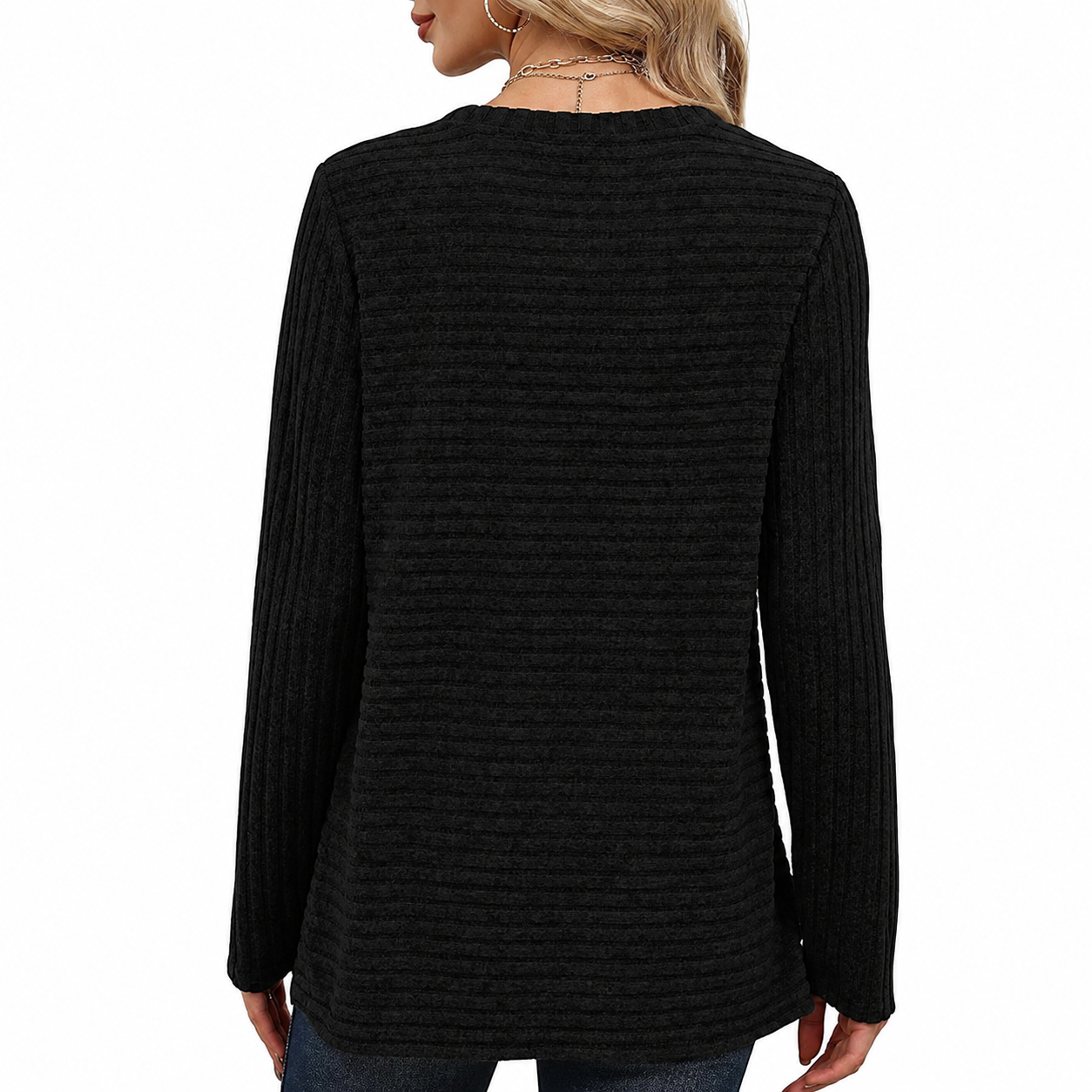 Ribbed Button Detail Knit Pullover Sweater for Women