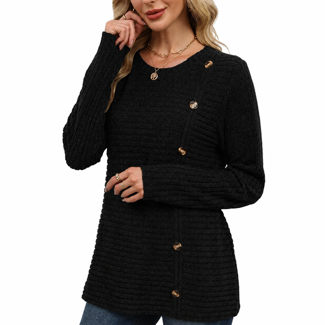 Ribbed Button Detail Knit Pullover Sweater for Women