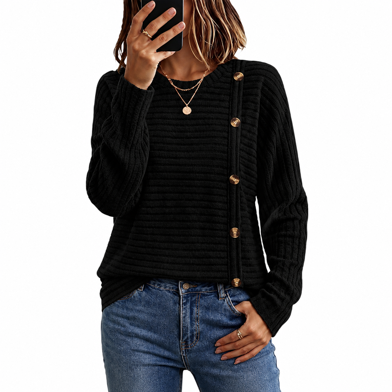 Ribbed Button Detail Knit Pullover Sweater for Women