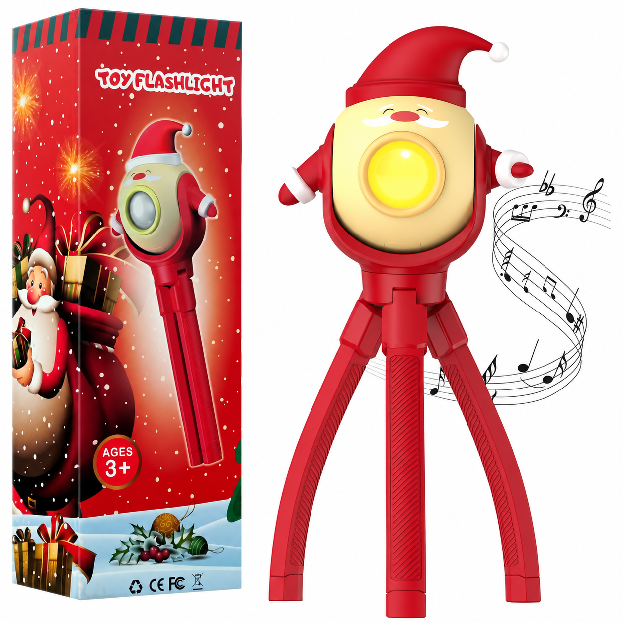 Santa And Reindeer Christmas Themed Rechargeable LED Flashlight Toy With 8 Light And Music Modes