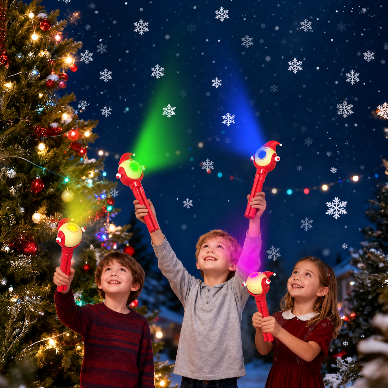 Santa And Reindeer Christmas Themed Rechargeable LED Flashlight Toy With 8 Light And Music Modes