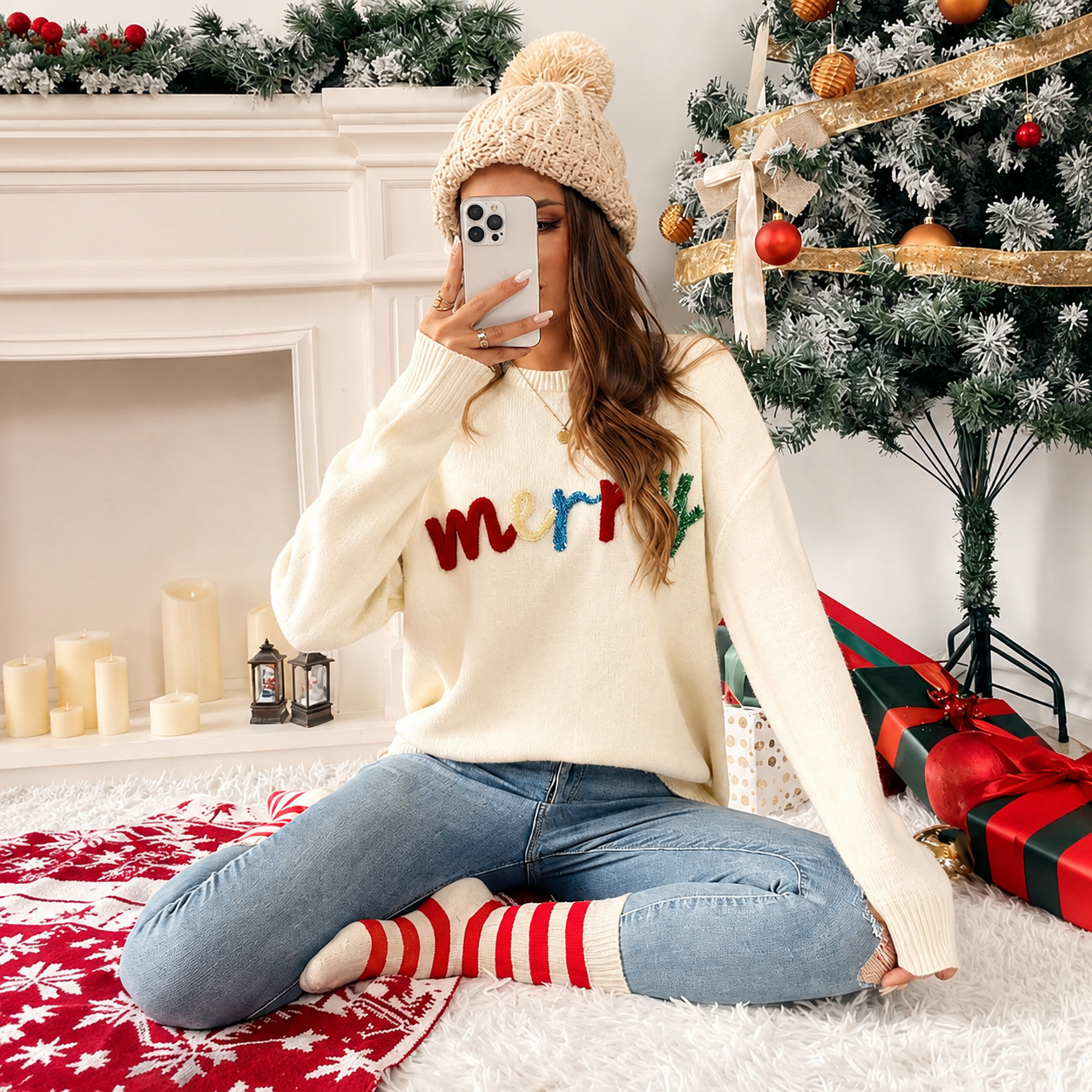 Christmas Letter Pattern Long Sleeves Pullover Sweater For Women