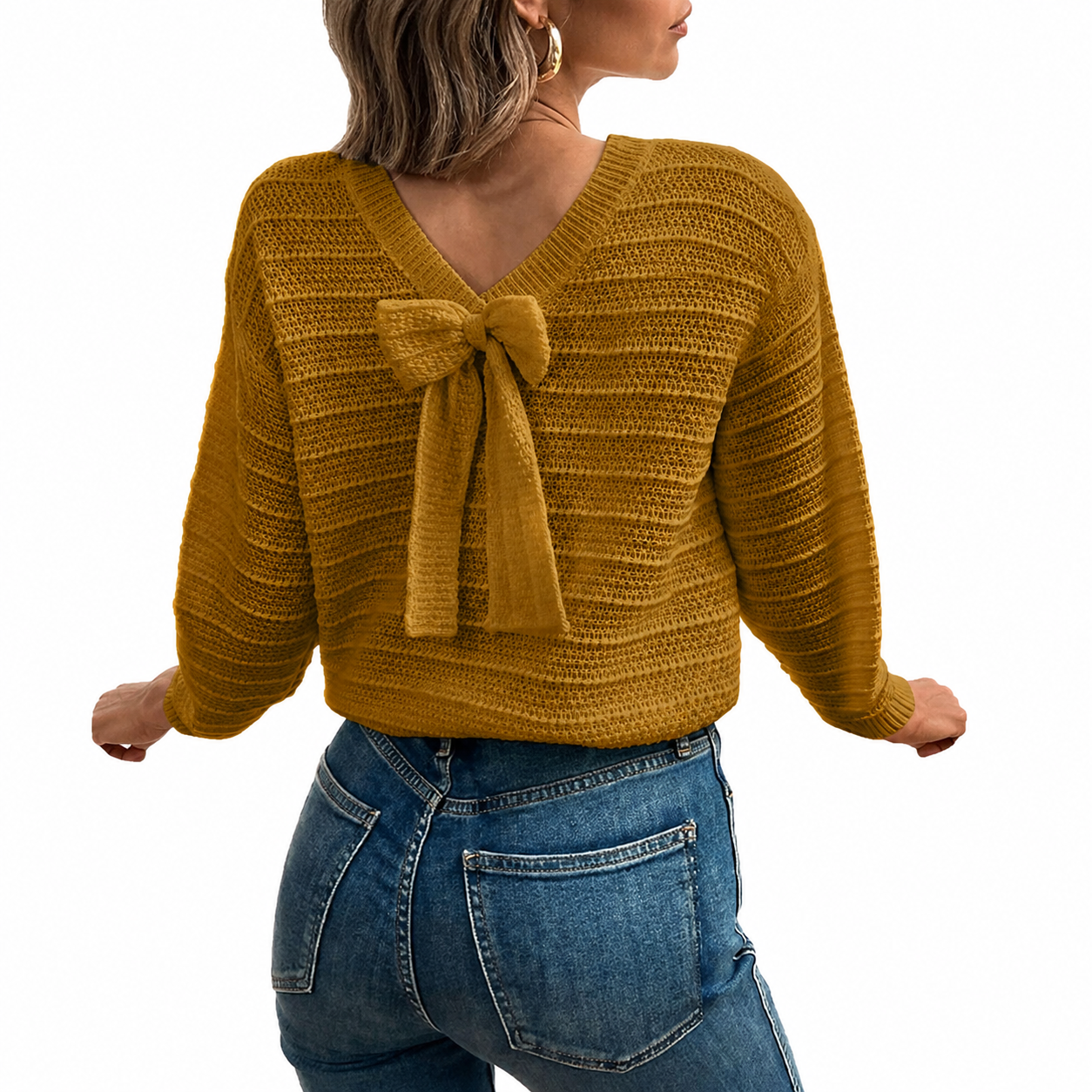 Back Bow Detail Knit Pullover Sweater with Classic Casual Styling for Women