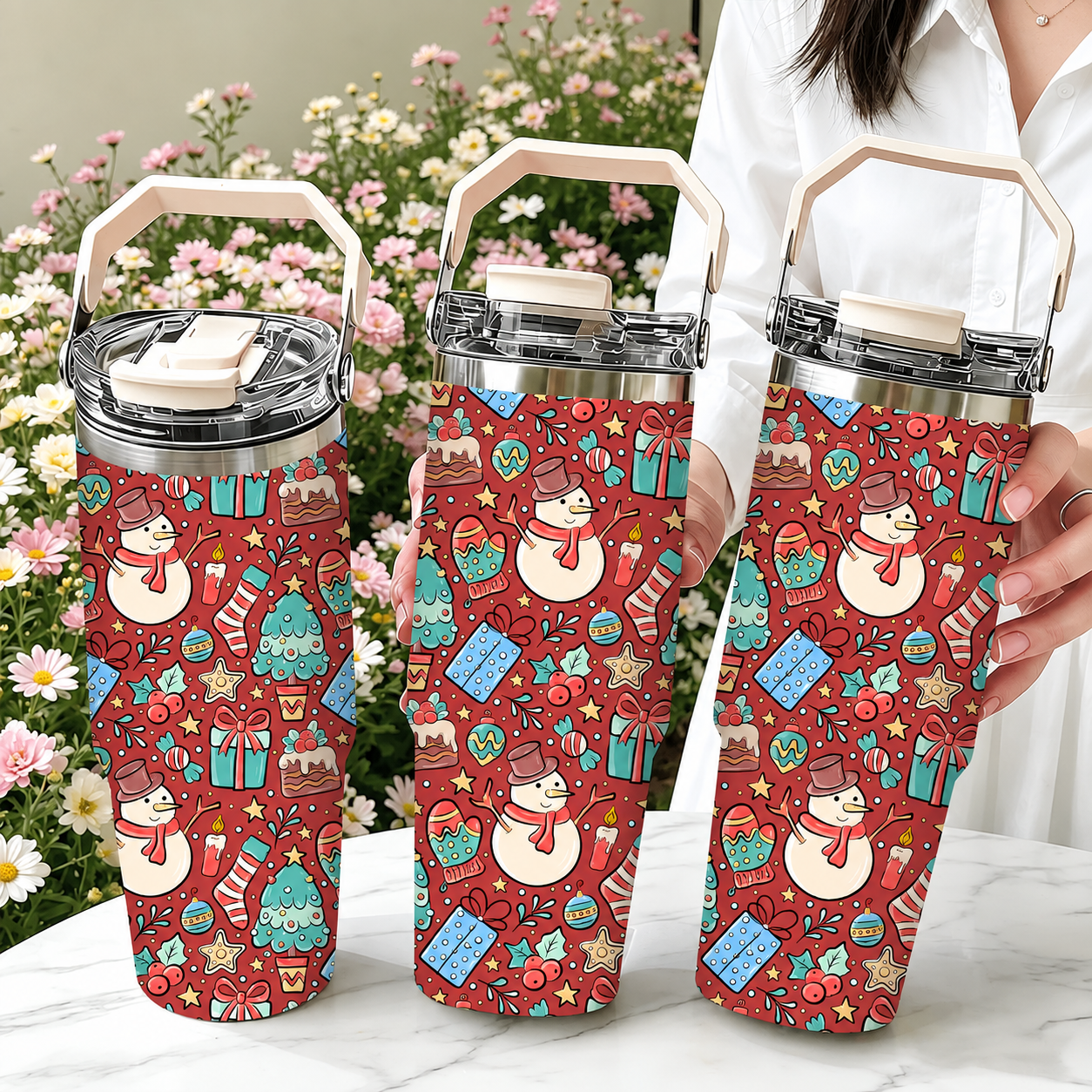 30oz Printed Christmas Tumbler With Foldable Handle With Flip Lid