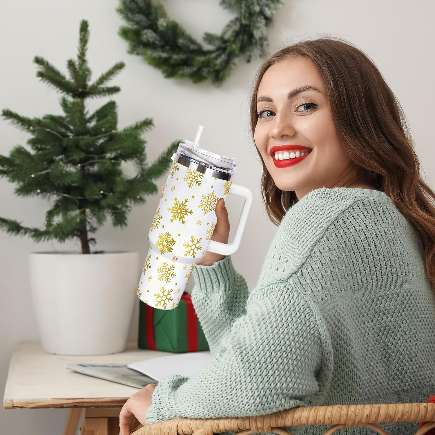 40 oz Christmas Holiday Travel Tumbler With Straw & Lid