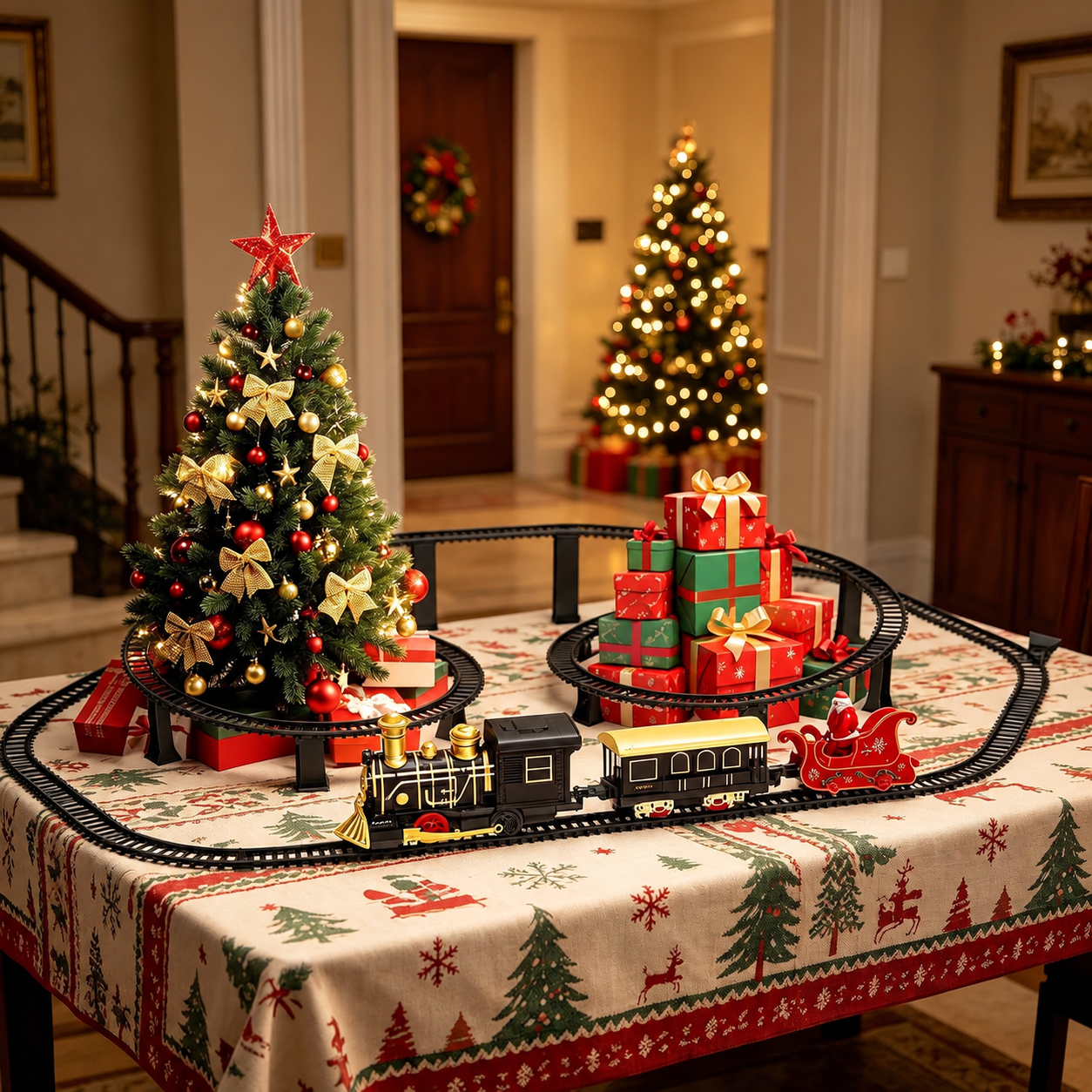 Christmas Electric Train Set With Elevated Tracks Lights And Music