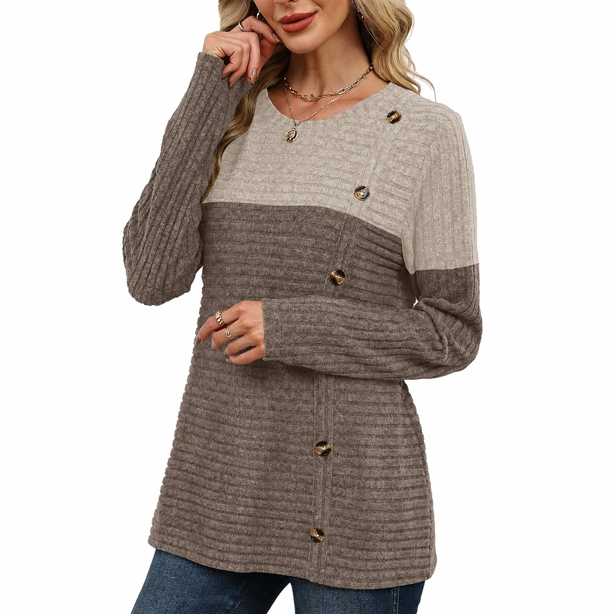 Ribbed Button Detail Knit Pullover Sweater for Women