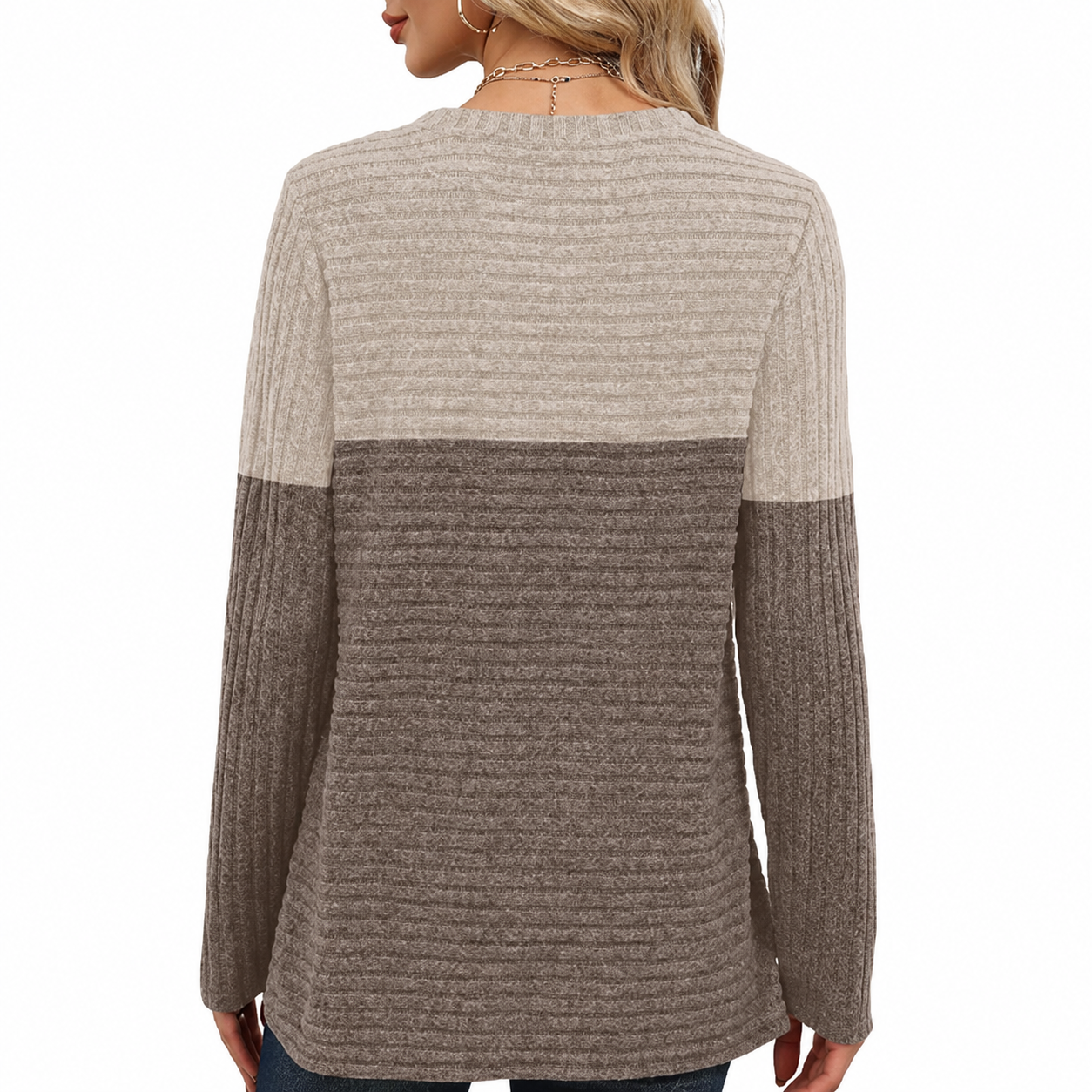 Ribbed Button Detail Knit Pullover Sweater for Women