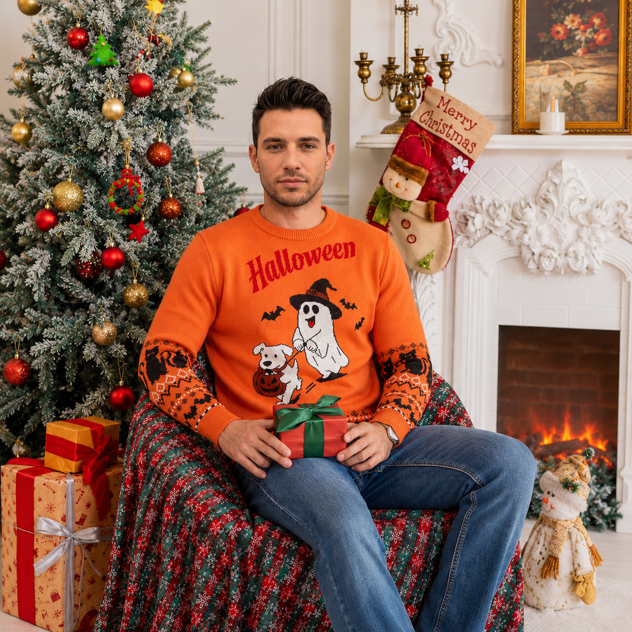 Festive Snowflake and Tree Knit Christmas Pullover Sweater for Men