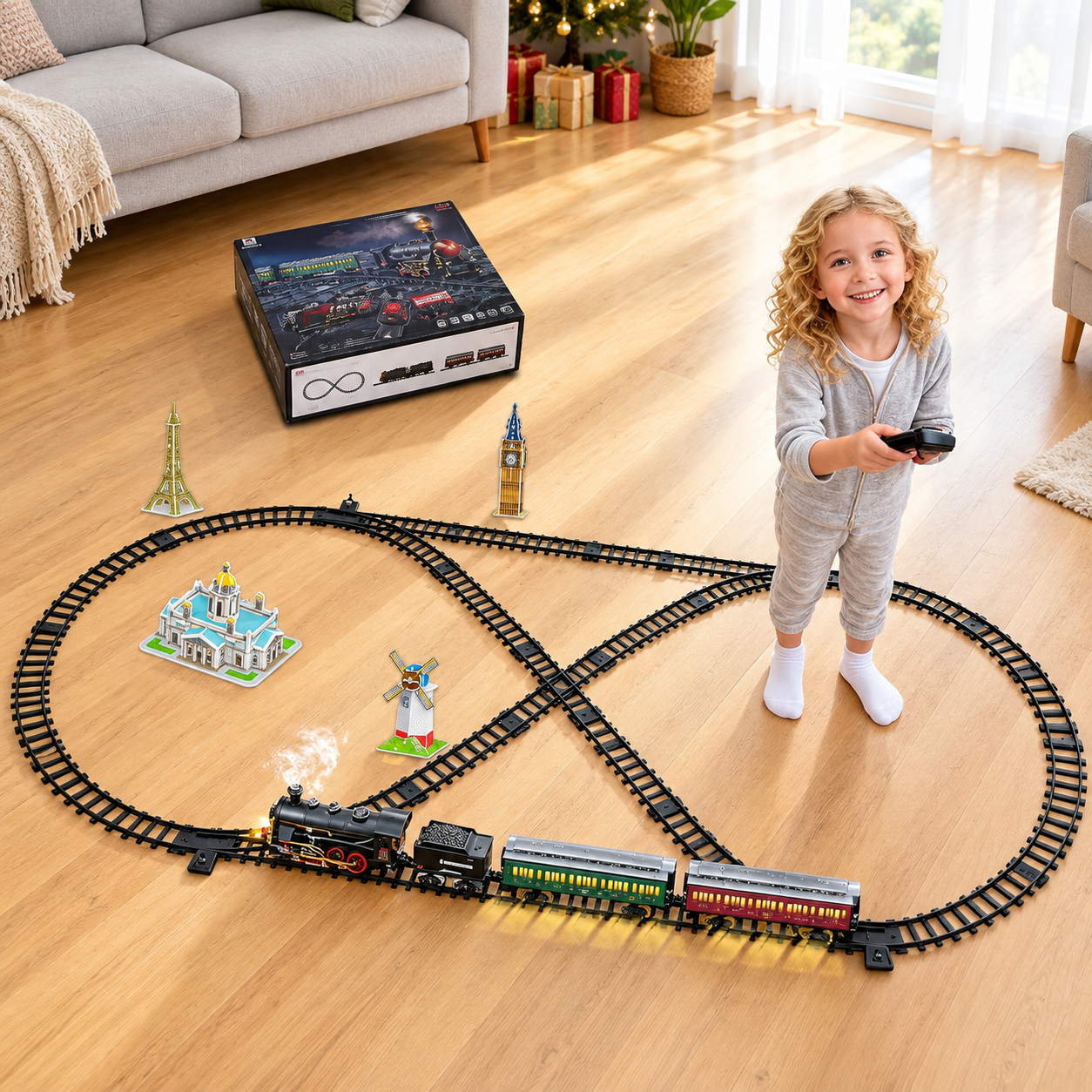 Christmas Electric Train Set With Elevated Tracks Lights And Music