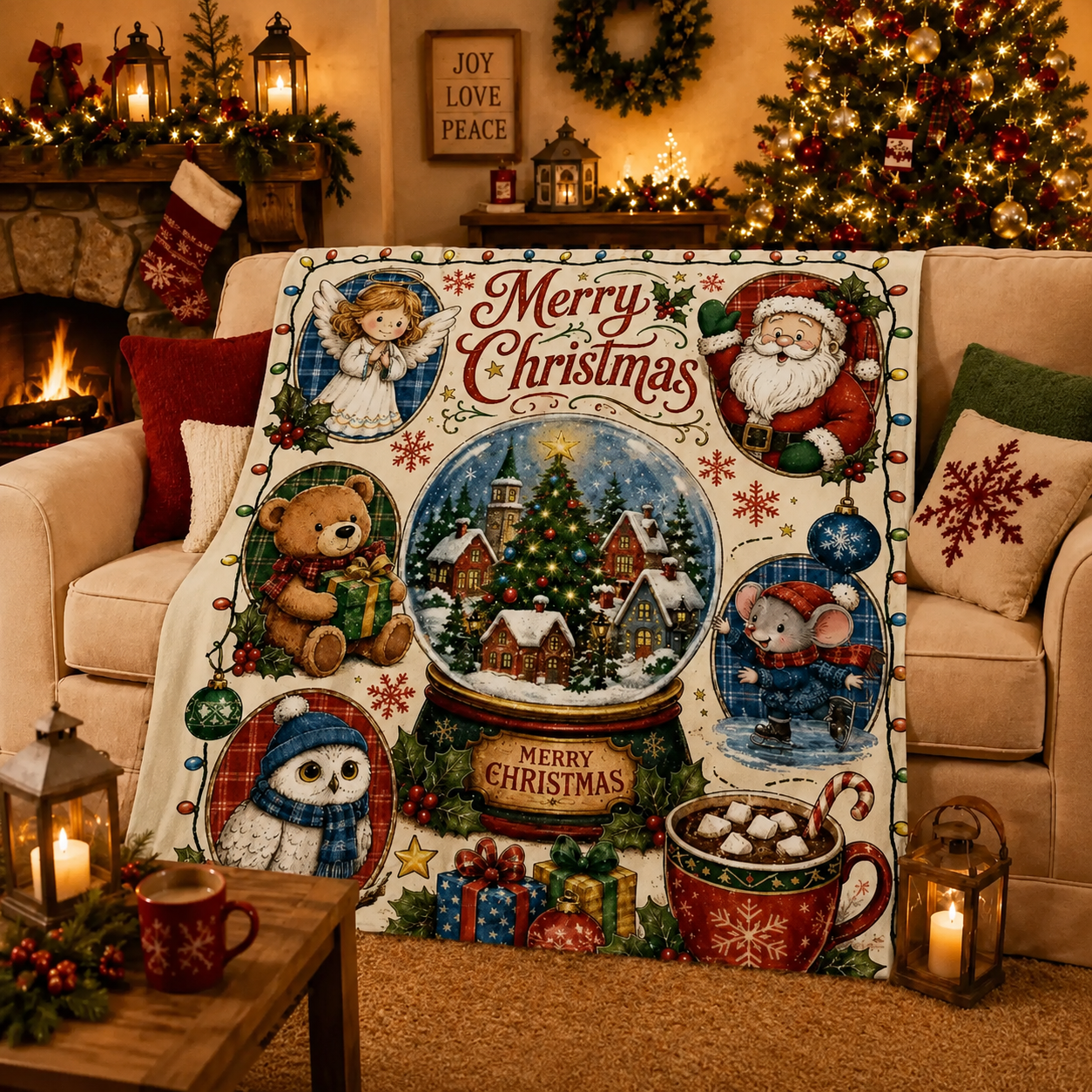 Merry Christmas Snow Globe Flannel Throw Blanket