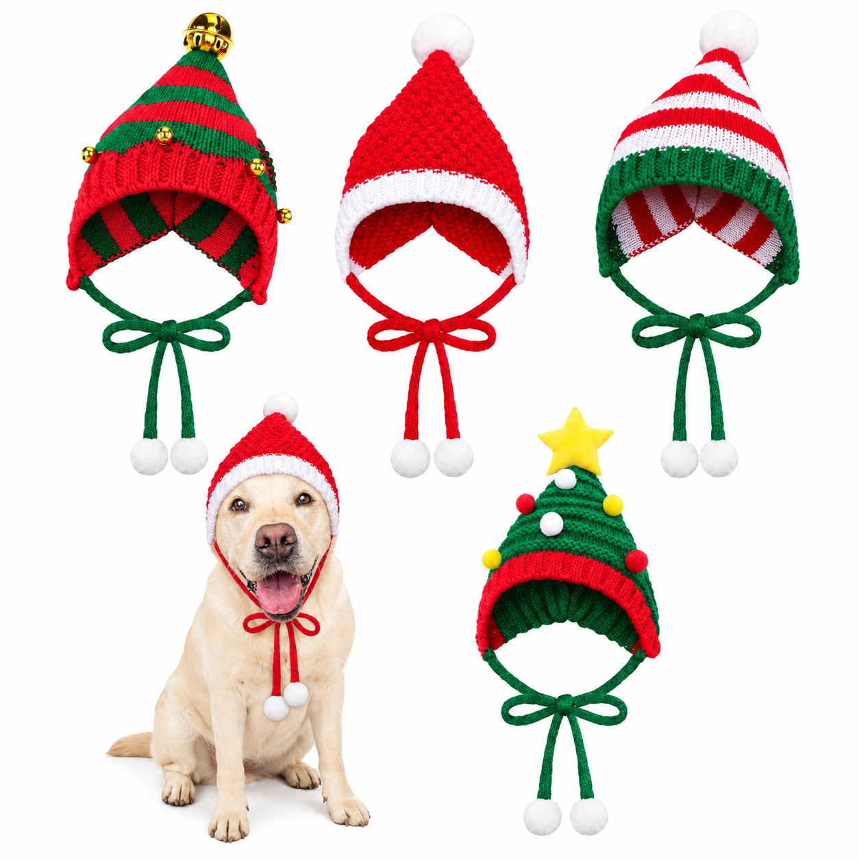 Pack of 4 Christmas Knitted Santa Hats for Dogs and Cats