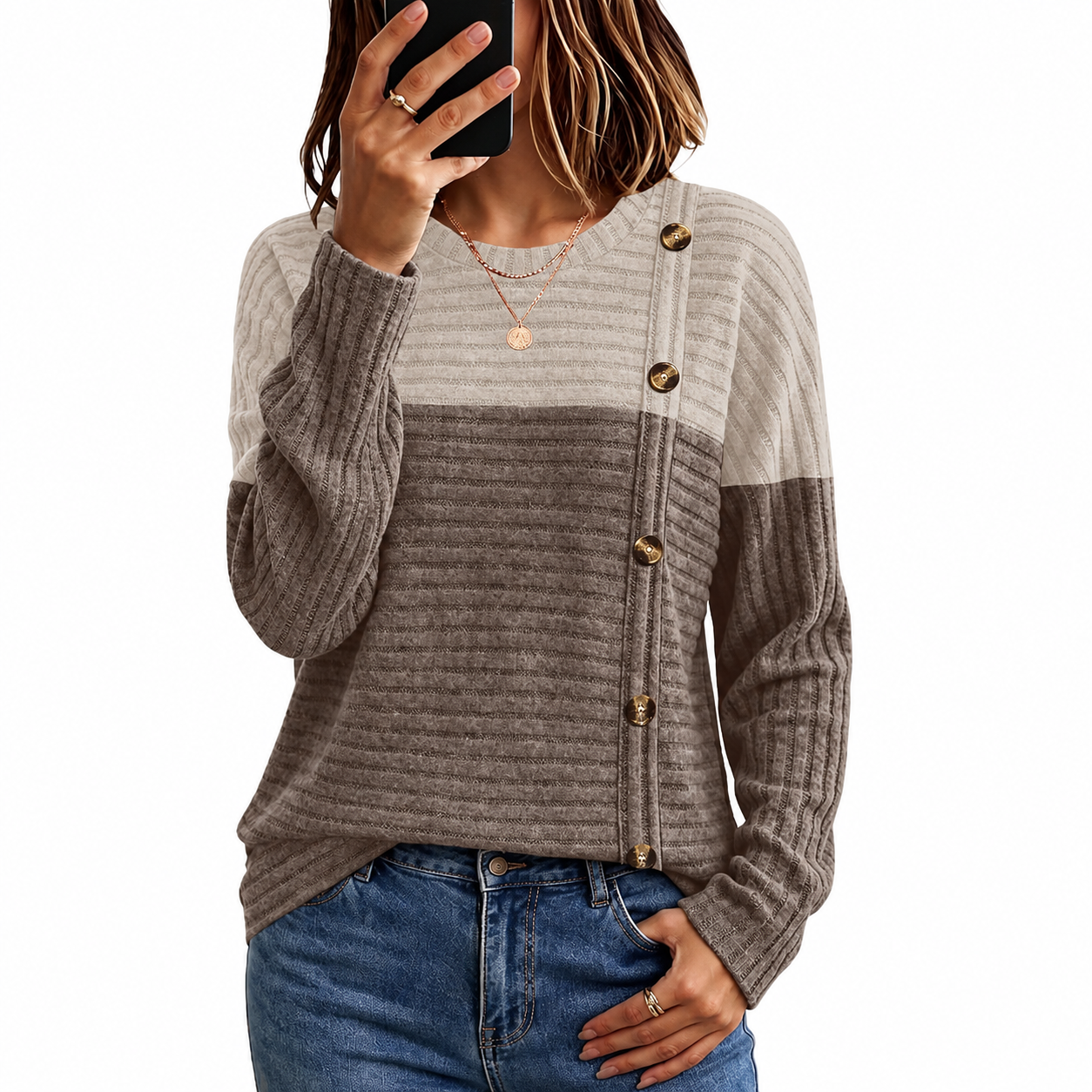 Ribbed Button Detail Knit Pullover Sweater for Women