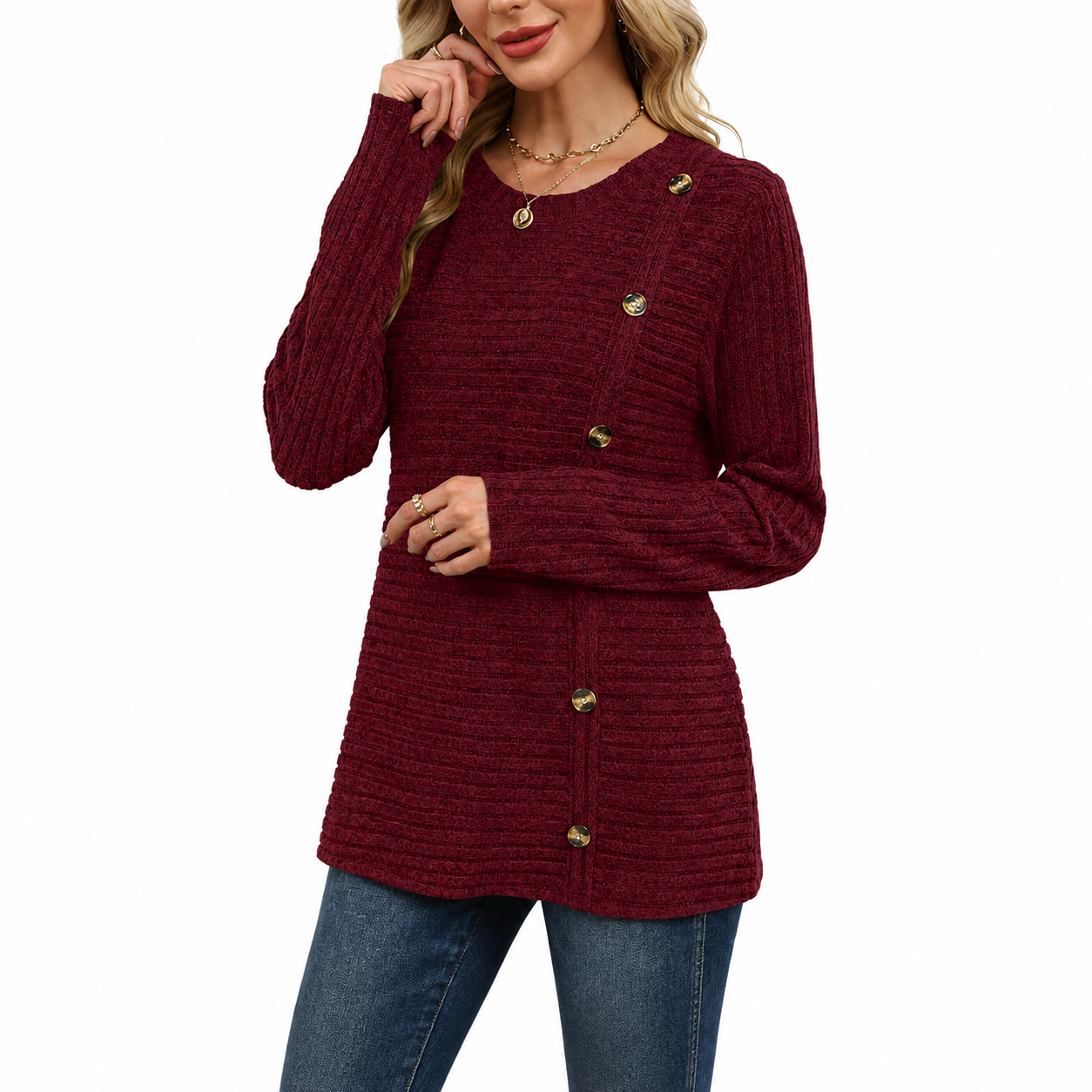 Ribbed Button Detail Knit Pullover Sweater for Women