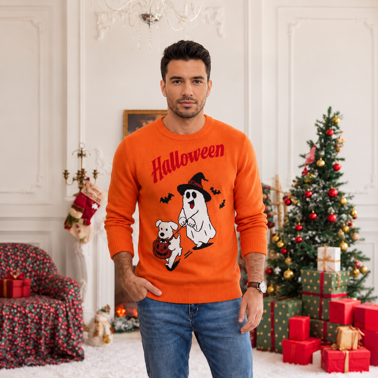 Festive Snowflake and Tree Knit Christmas Pullover Sweater for Men