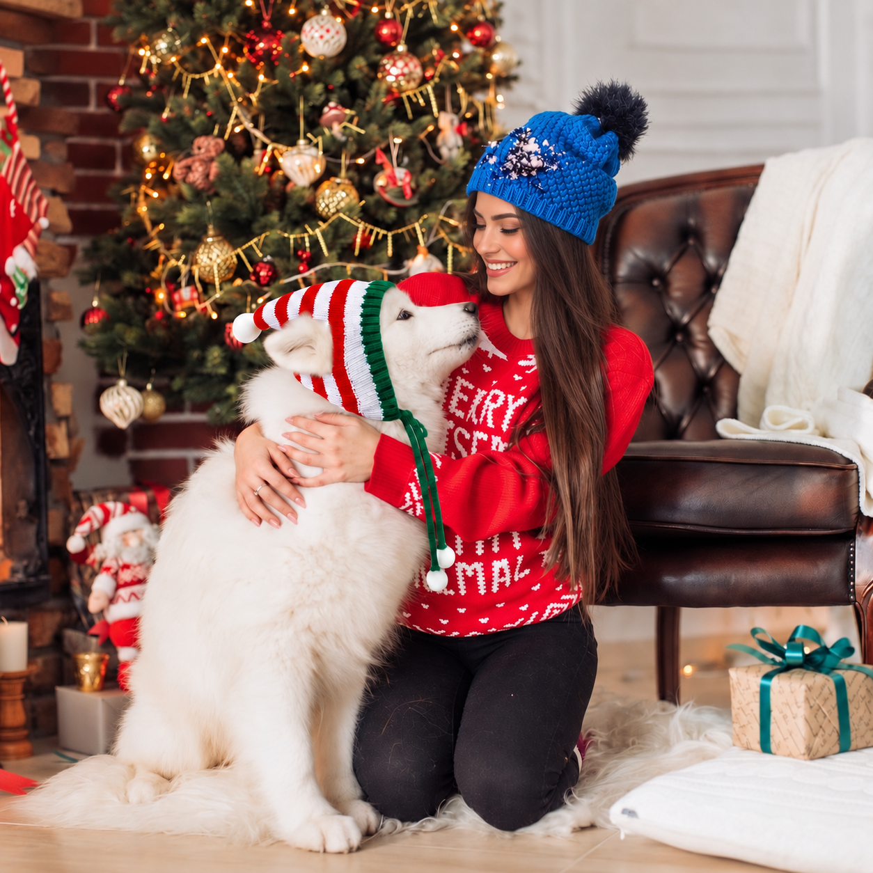 Pack of 4 Christmas Knitted Santa Hats for Dogs and Cats
