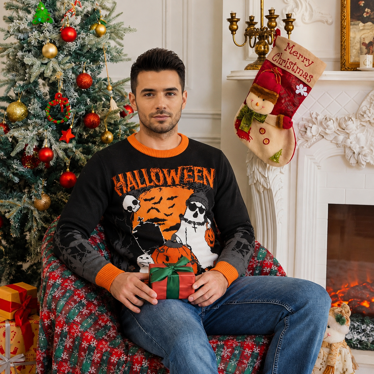 Festive Snowflake and Tree Knit Christmas Pullover Sweater for Men