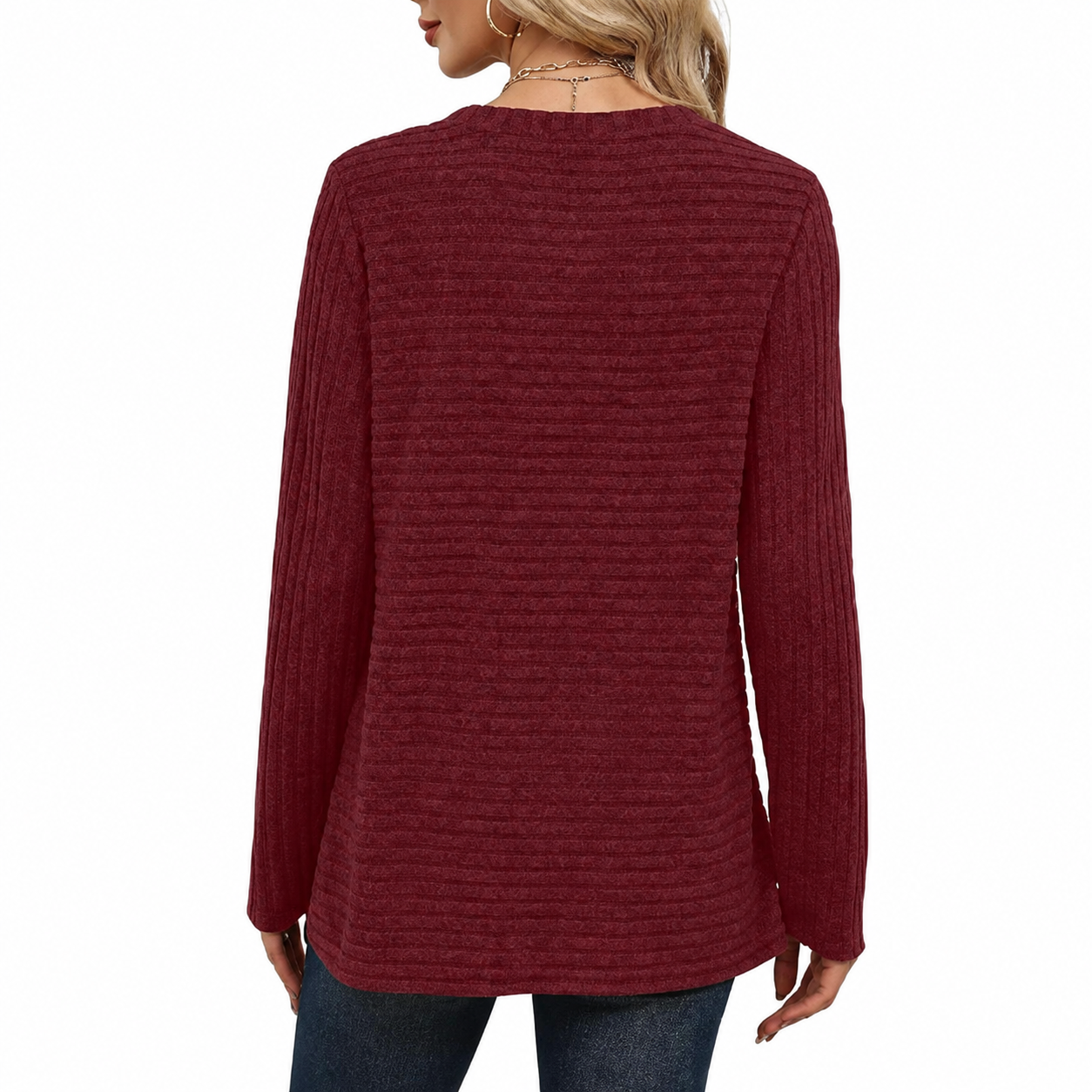Ribbed Button Detail Knit Pullover Sweater for Women