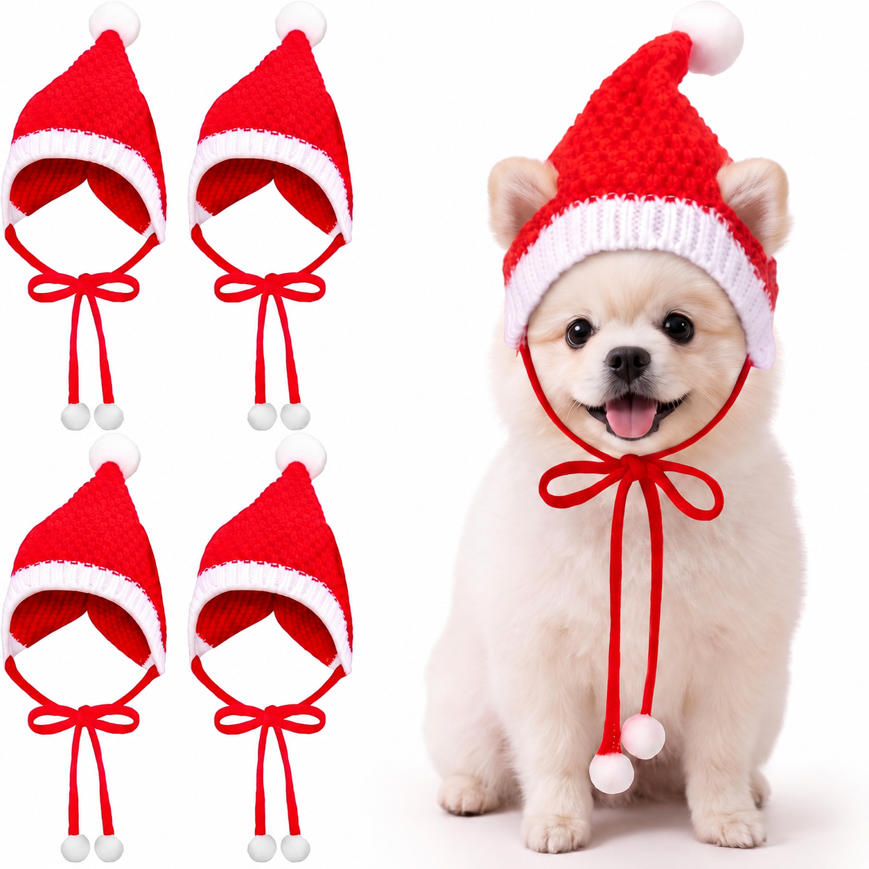 Pack of 4 Christmas Knitted Santa Hats for Dogs and Cats