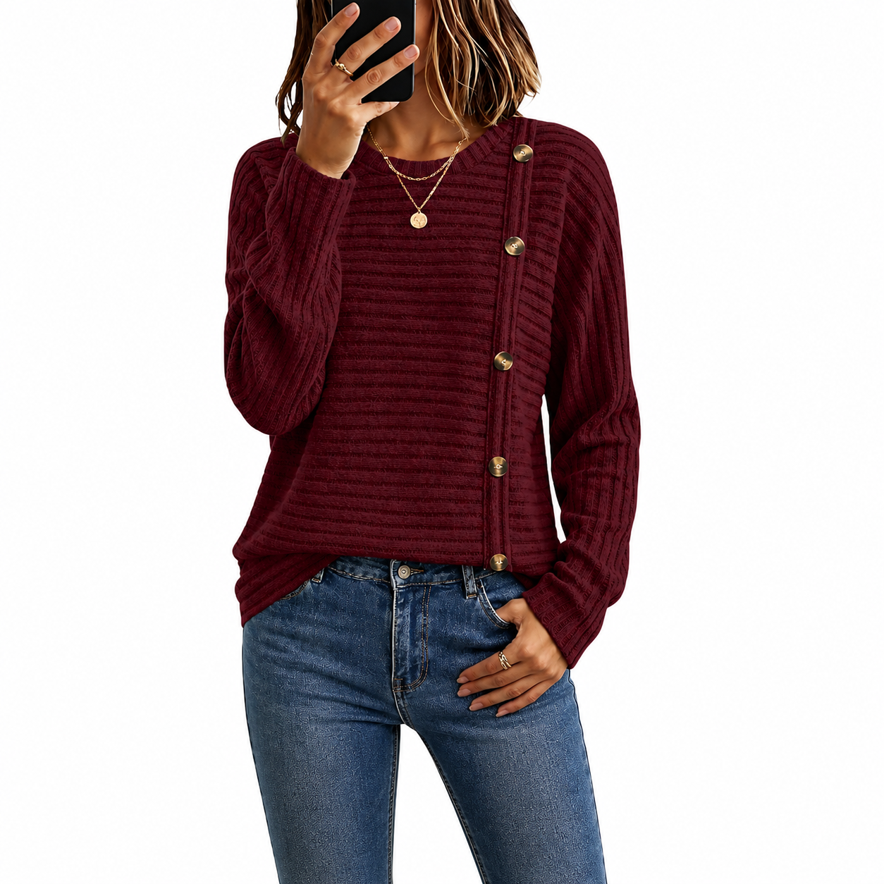 Ribbed Button Detail Knit Pullover Sweater for Women