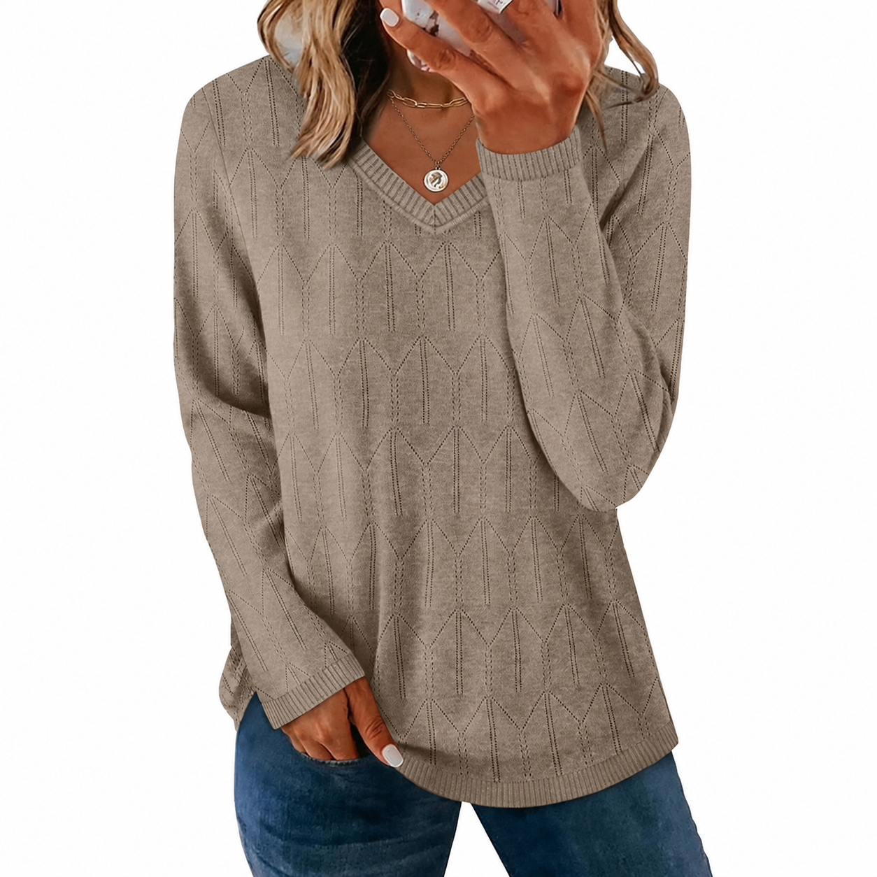 Geometric Textured Knit Long Sleeve Pullover Sweater Top for Women