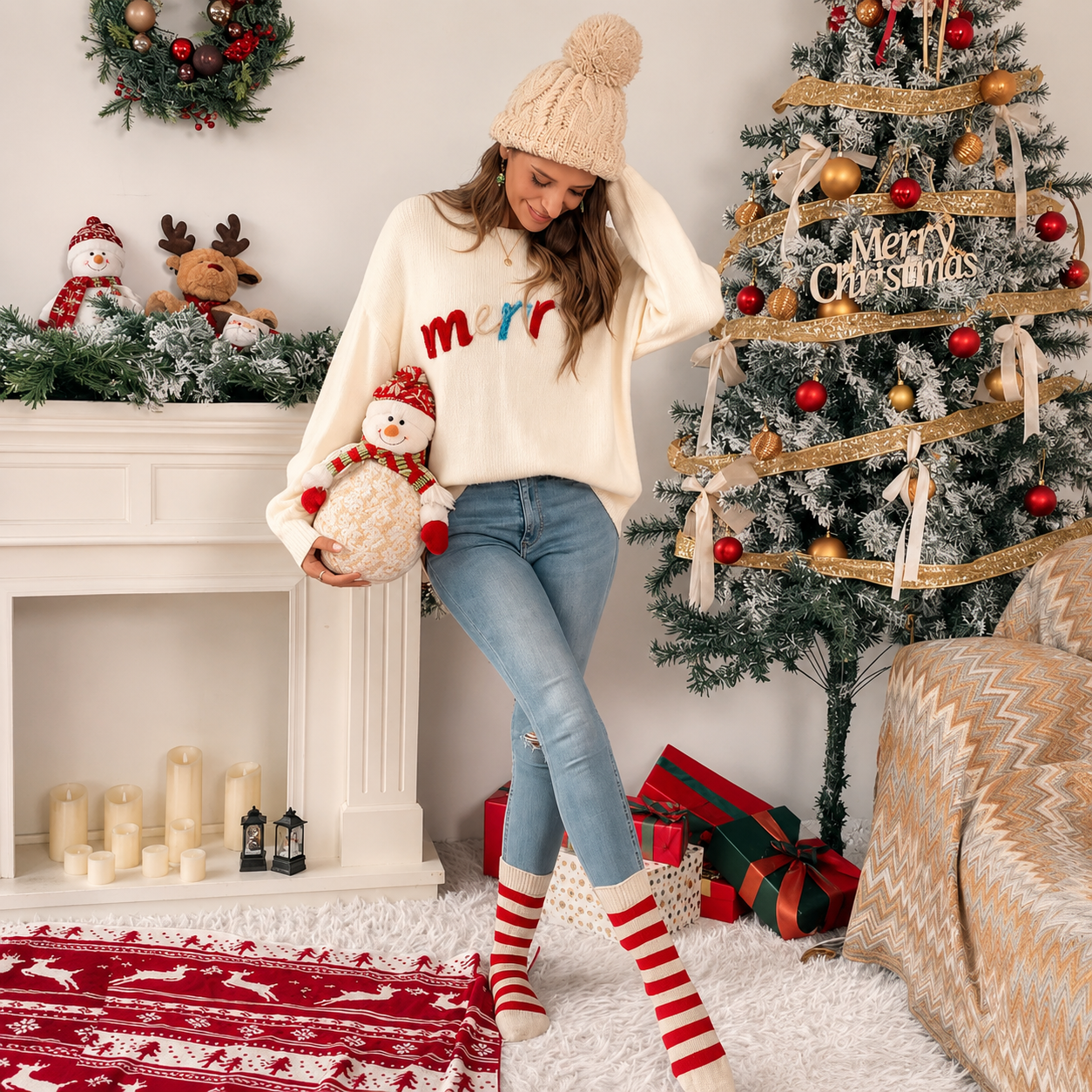 Christmas Letter Pattern Long Sleeves Pullover Sweater For Women