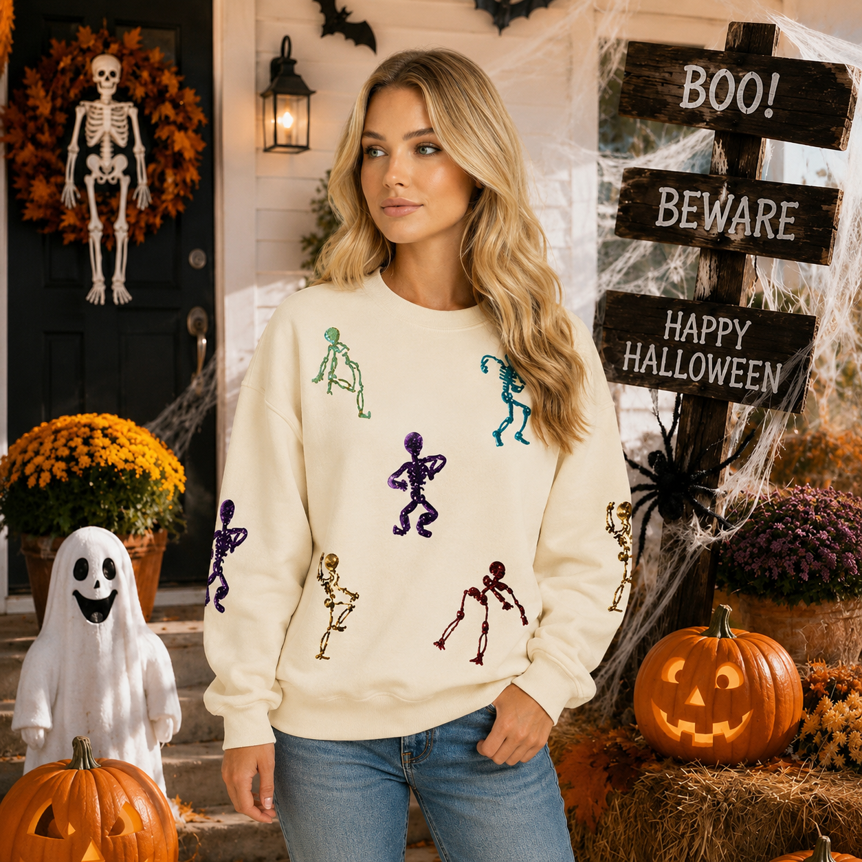 Halloween Graphic Long Sleeve Pullover Sweatshirt for Women