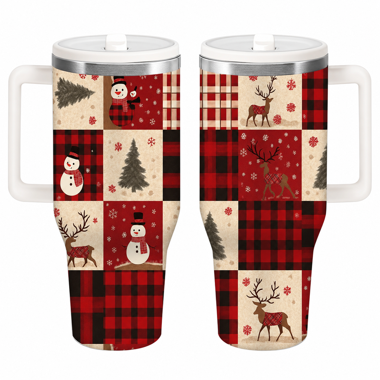 40oz Christmas Patchwork Printed Tumbler With Handle And Straw