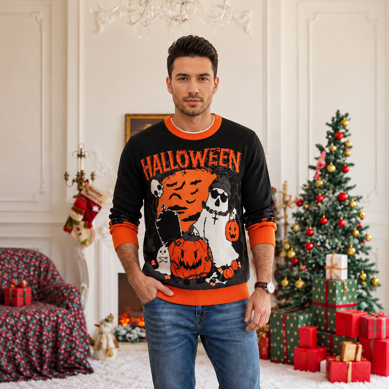 Festive Snowflake and Tree Knit Christmas Pullover Sweater for Men