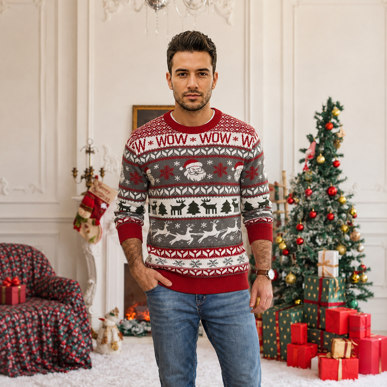 Festive Snowflake and Tree Knit Christmas Pullover Sweater for Men