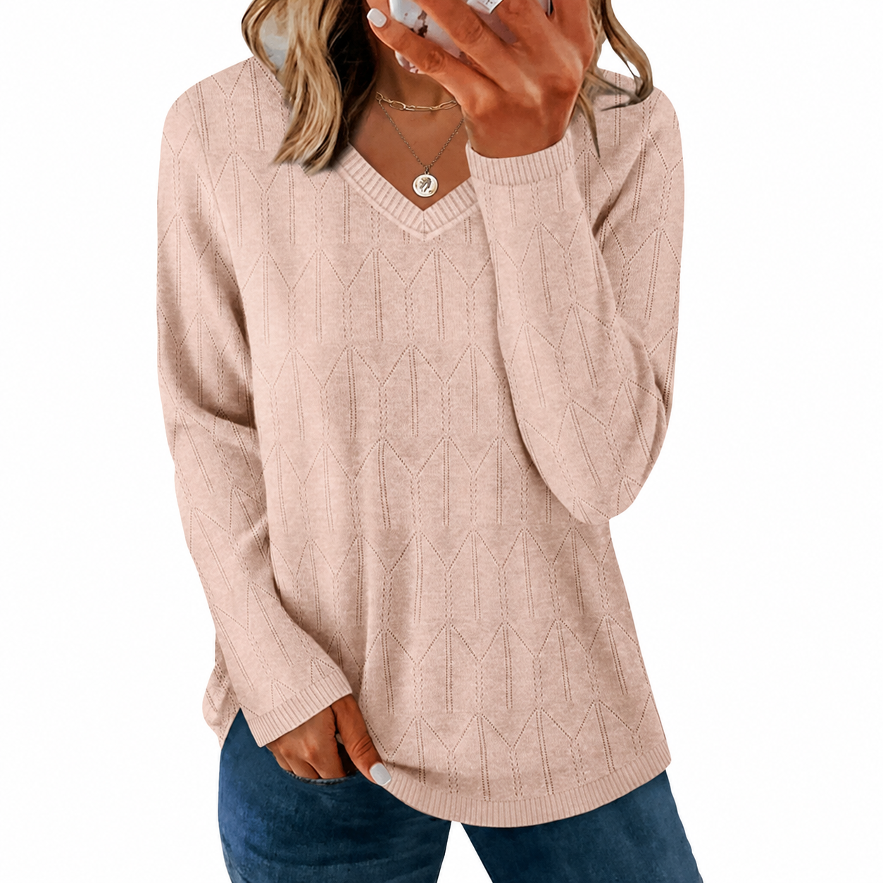 Geometric Textured Knit Long Sleeve Pullover Sweater Top for Women