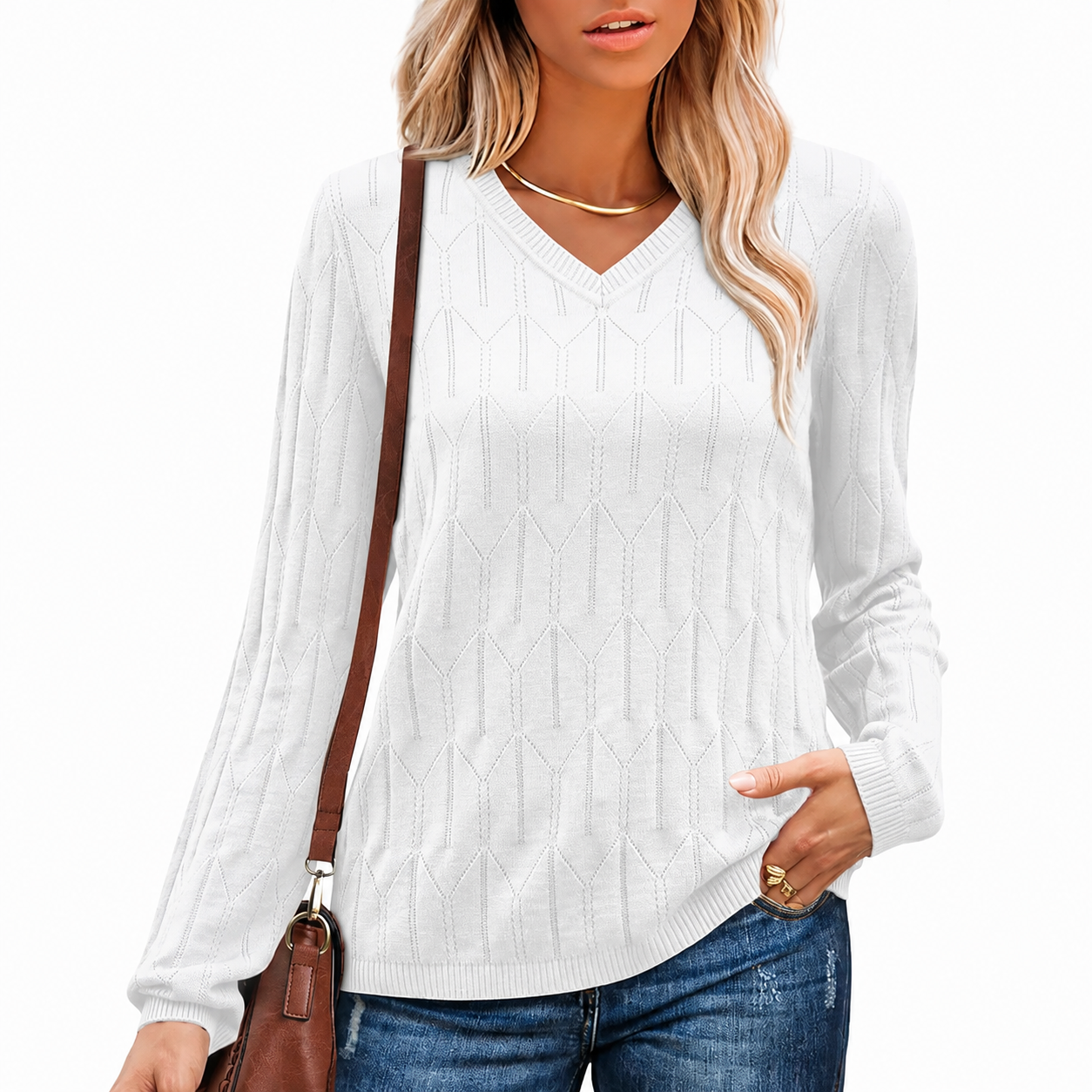 Geometric Textured Knit Long Sleeve Pullover Sweater Top for Women