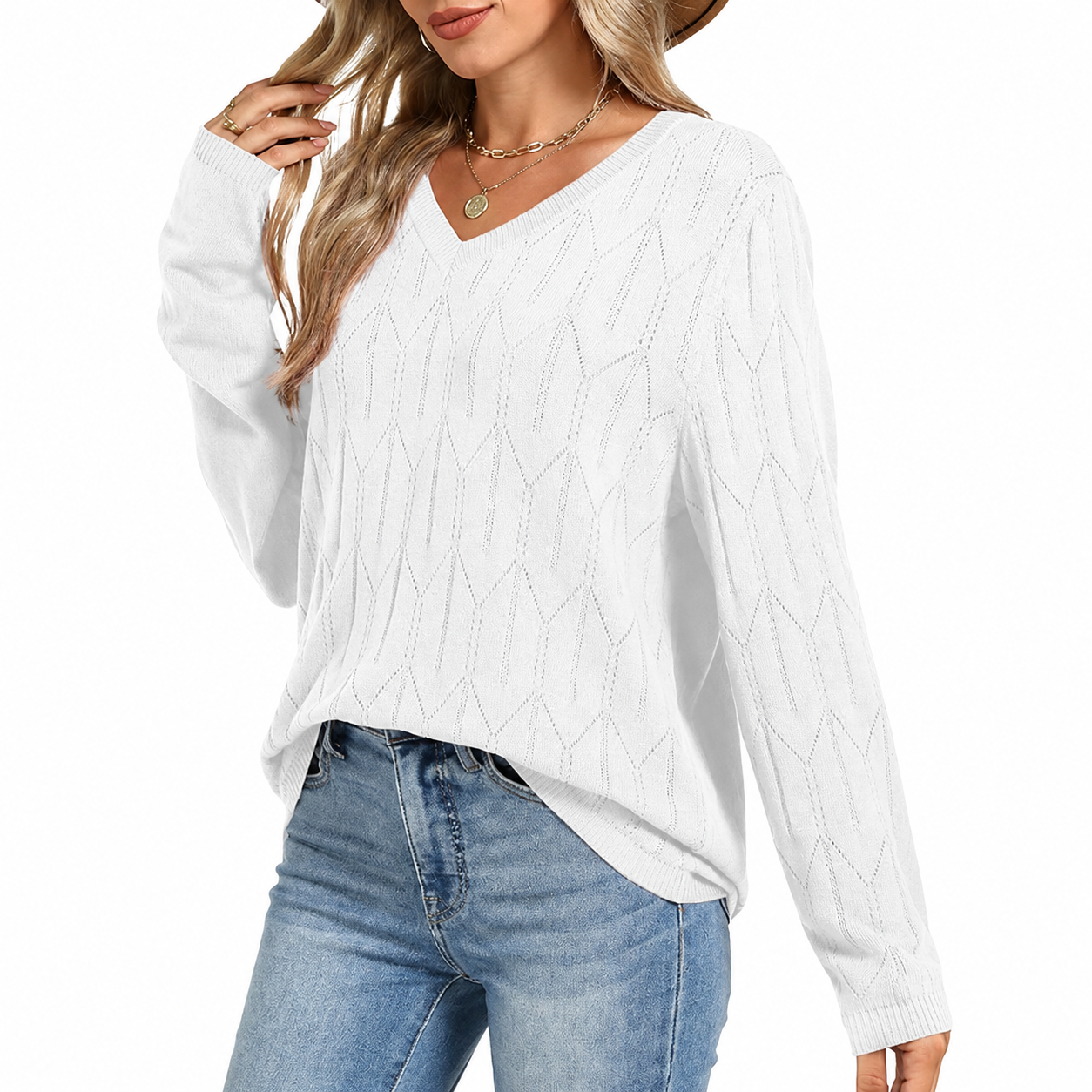 Geometric Textured Knit Long Sleeve Pullover Sweater Top for Women