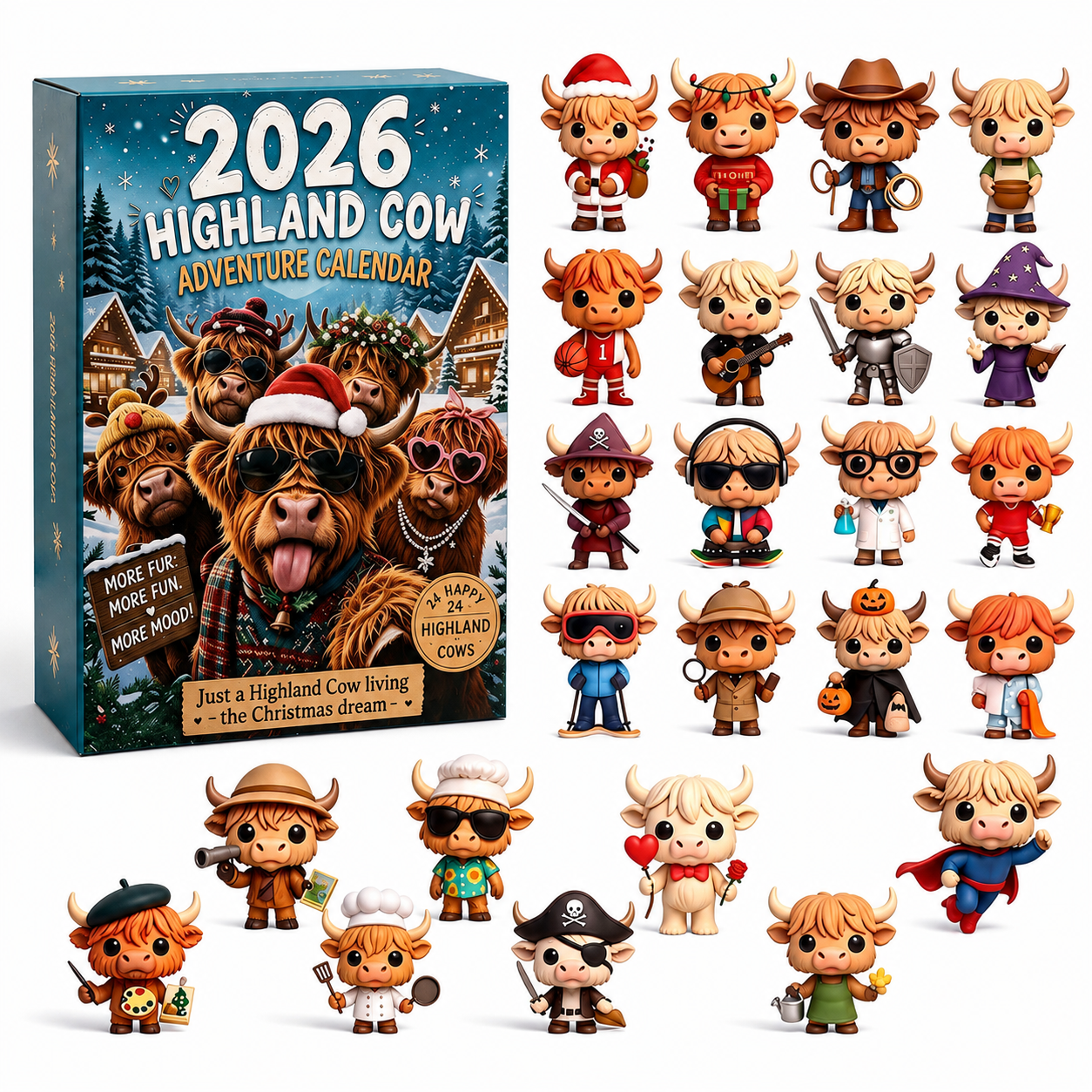 2026 Highland Cow Christmas Advent Calendar Set With 24 Mini Figures For Kids
